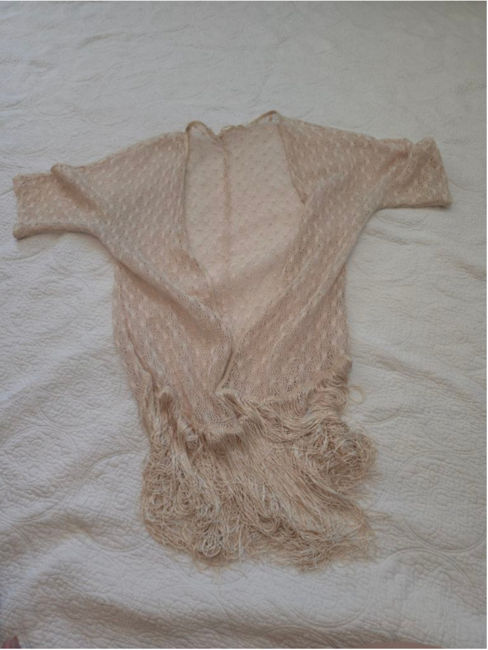 Boho Revival Beige Crochet Short Sleeve Fringe Shrug Kimono Wrap XL Festival Szn